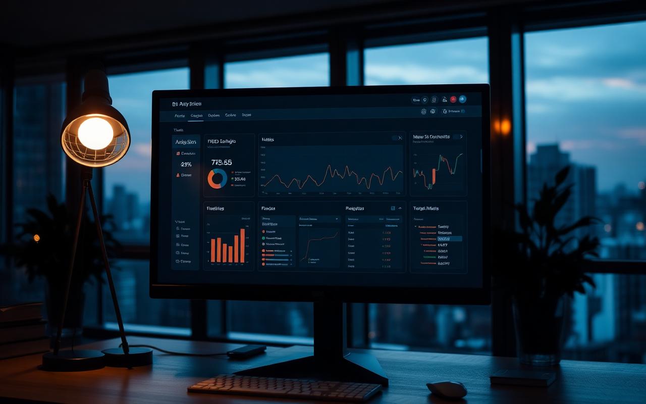 A B2B analytics dashboard on a monitor in a dark office