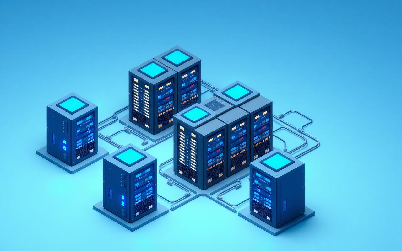 Isometric illustration of connected server racks
