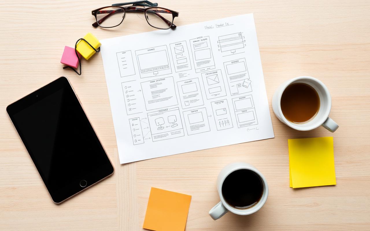 Wireframe sketches, sticky notes and coffee on a desk