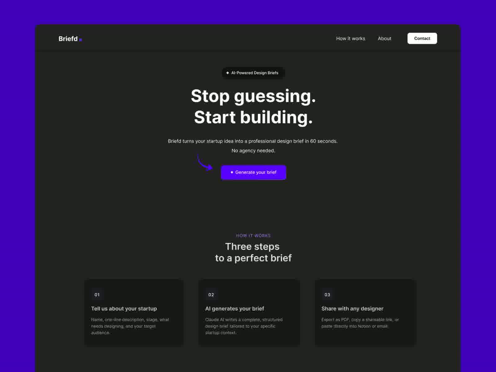 The Briefd landing page — Stop guessing. Start building.