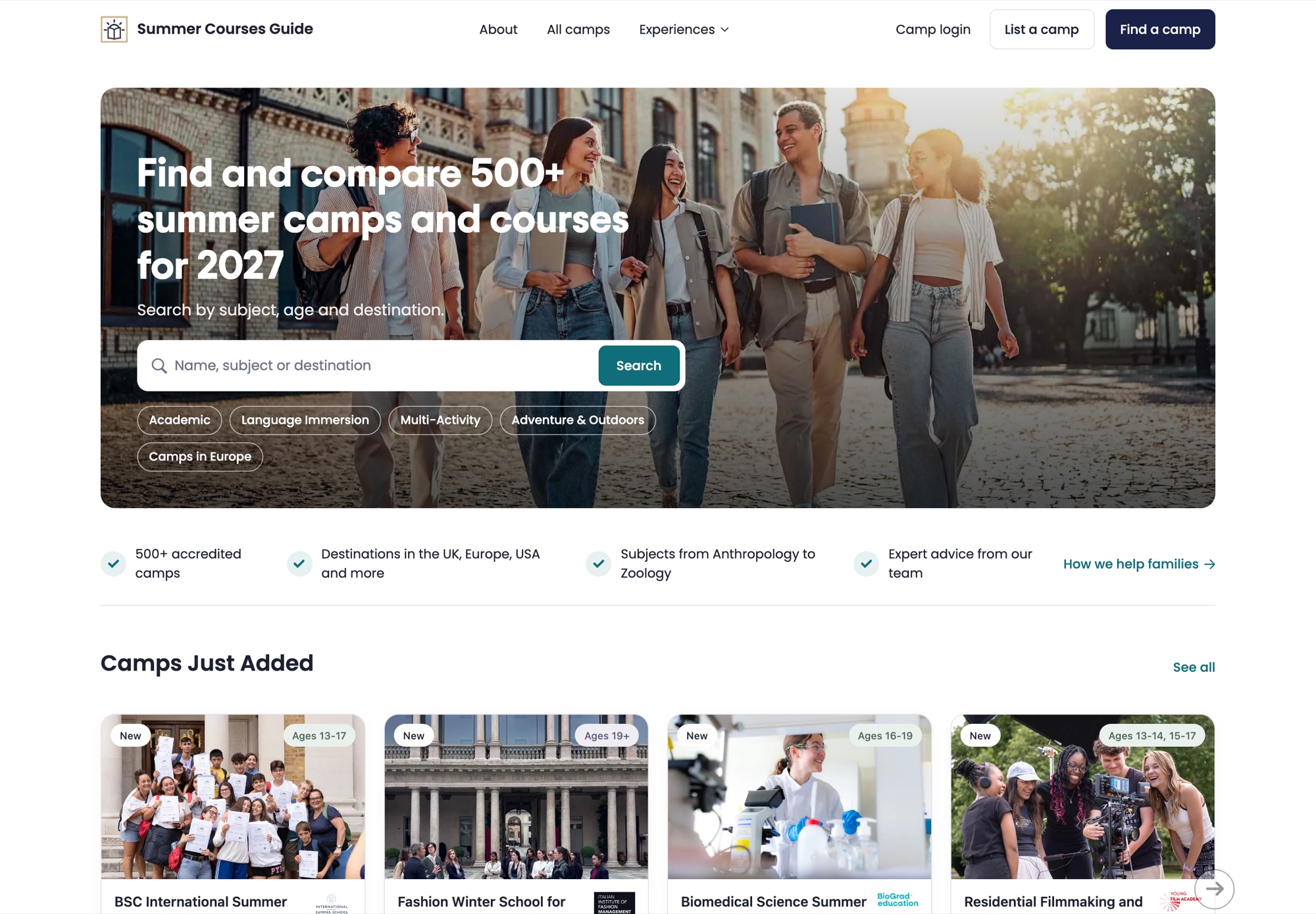 Best Summer Courses home page: search 500+ summer camps