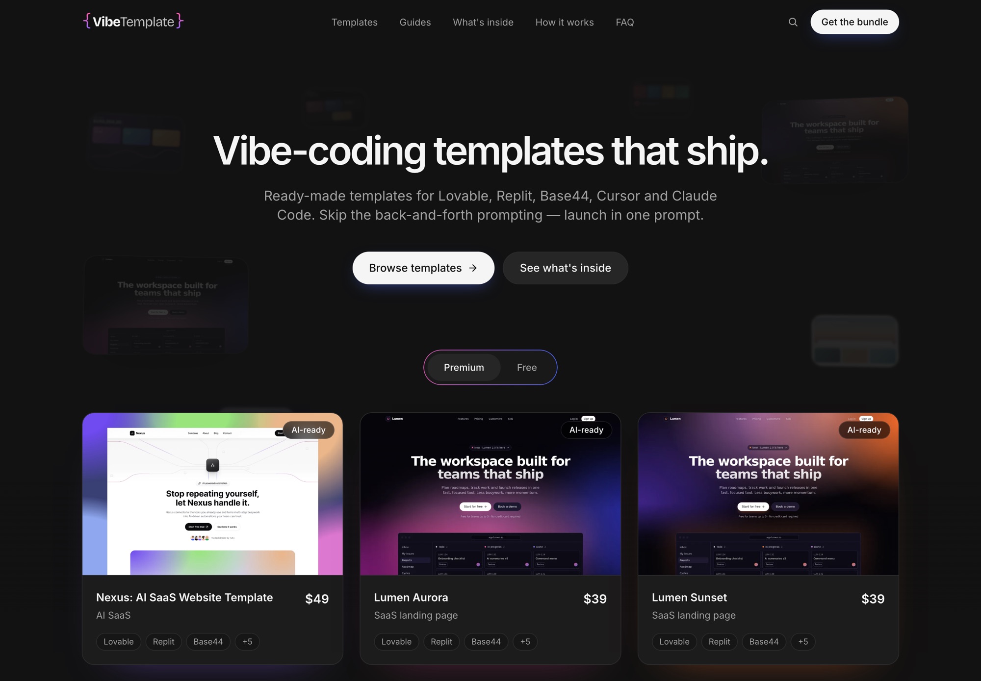 Vibetemplates home page: vibe-coding templates that ship