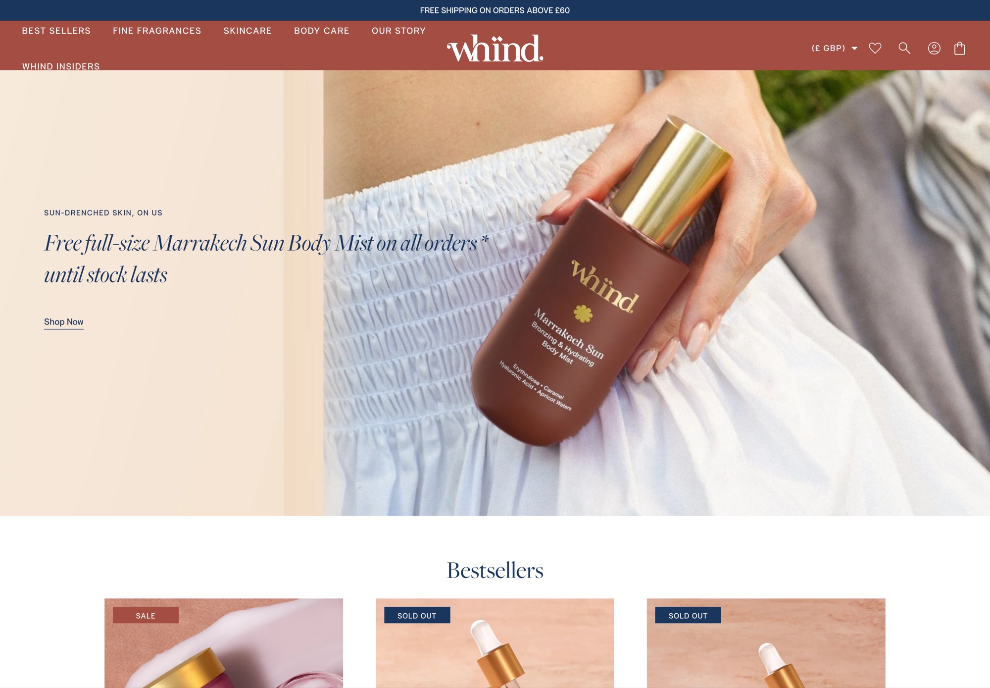 whind home page: Marrakech Sun body mist and bestsellers